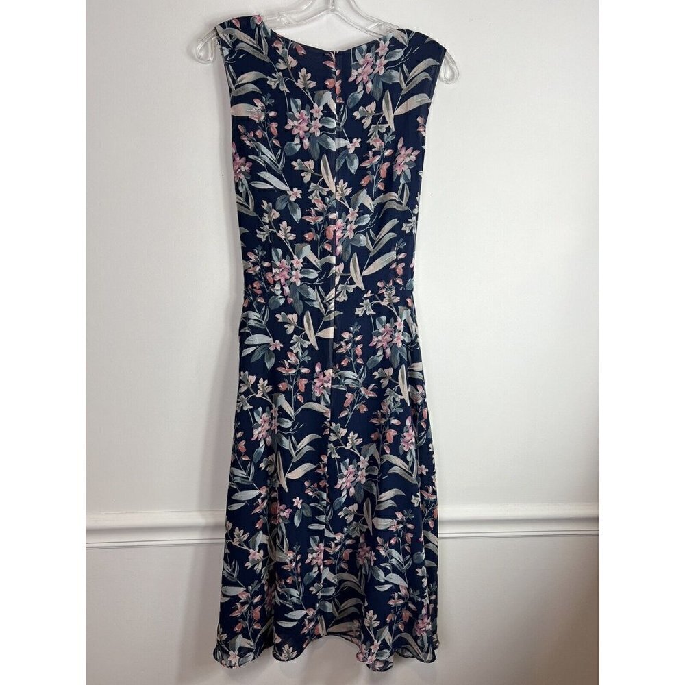 Atelier Women’s Navy Blue Floral Fit Flare Sleeveless Dress Sash Belt Size 12 - Picture 4 of 7